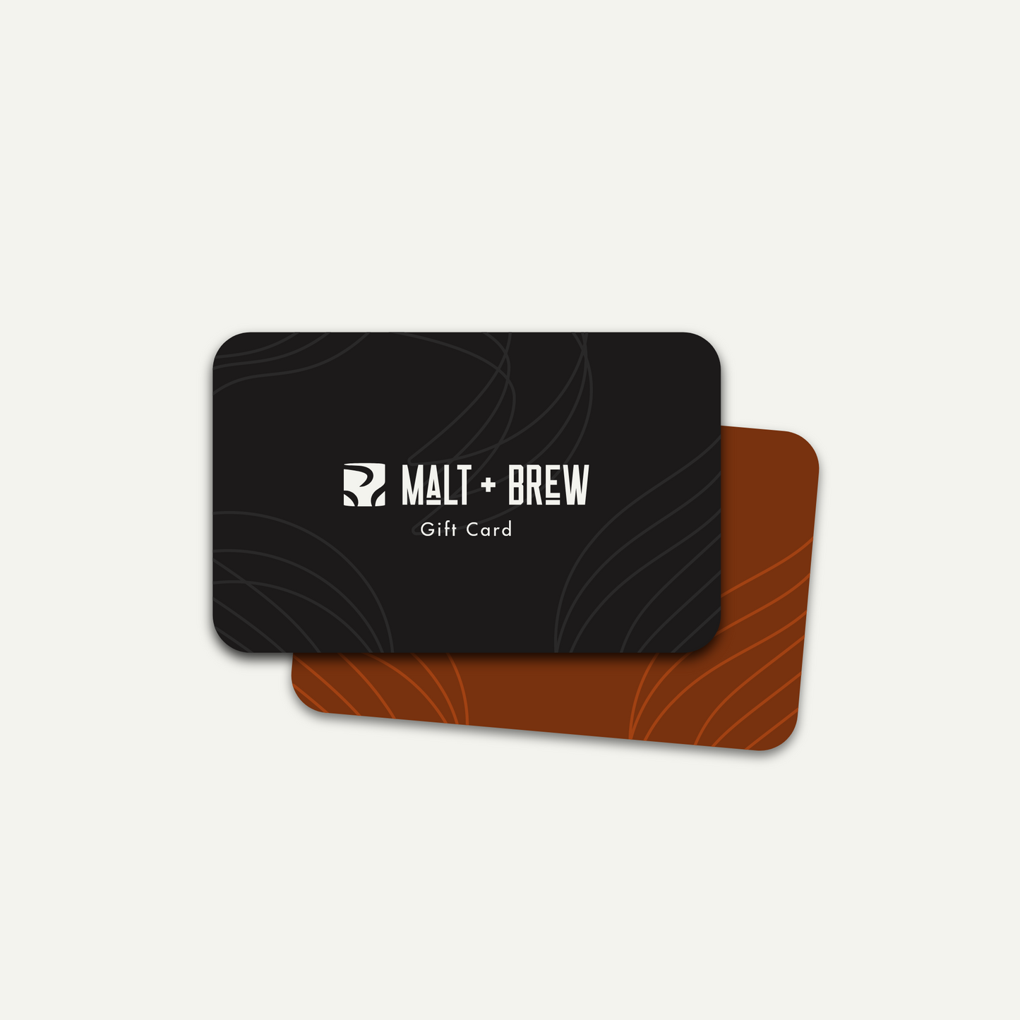 Two Malt & Brew giftcards, one black, one orange.