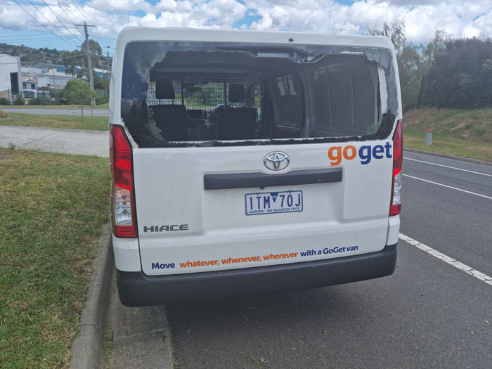The hired GoGet van with its rear window smashed, 4 February 2022